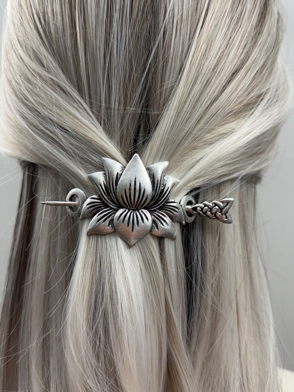 Silver Lotus Flower Hair Slide Barrette Hair Stick Boho Viking Floral Clip